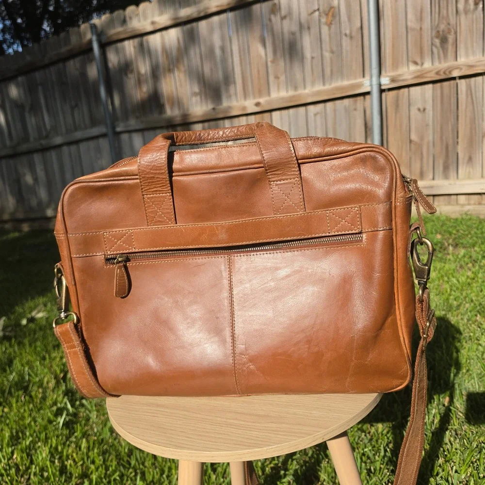 KomalIC Tan Leather Briefcase Messenger Bag Laptop Office Satchel Tan